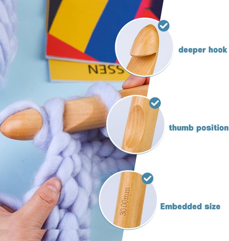 Dercuy Wooden Crochet Hooks, 30mm Wooden Handle Crochet Hook Bamboo Knitting Crochet Needles with 10 pcs Knitting Stitch Markers for Handcraft Crocheting - Image 4